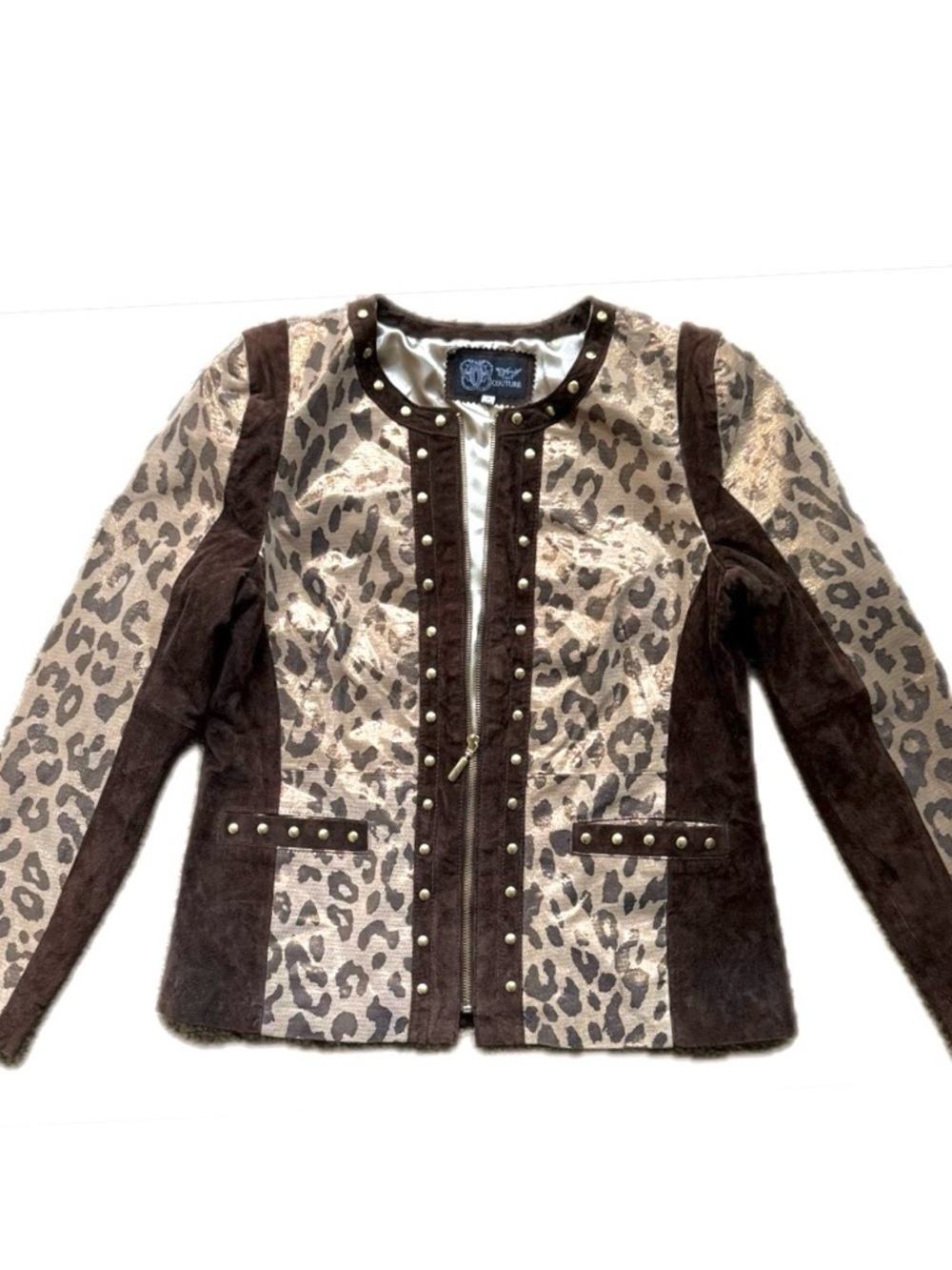 Animal Leopard Print Leather Suede Jacket Studded Military Style Zip Front M - Picture 17 of 17